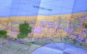 Kaart van Terschelling; de cijfers betreffen locaties van doelsoorten voor vandaag. Een goede voorbereiding is het halve werk